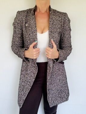 ZARA black and white tweed snap front pea coat style jacket size medium